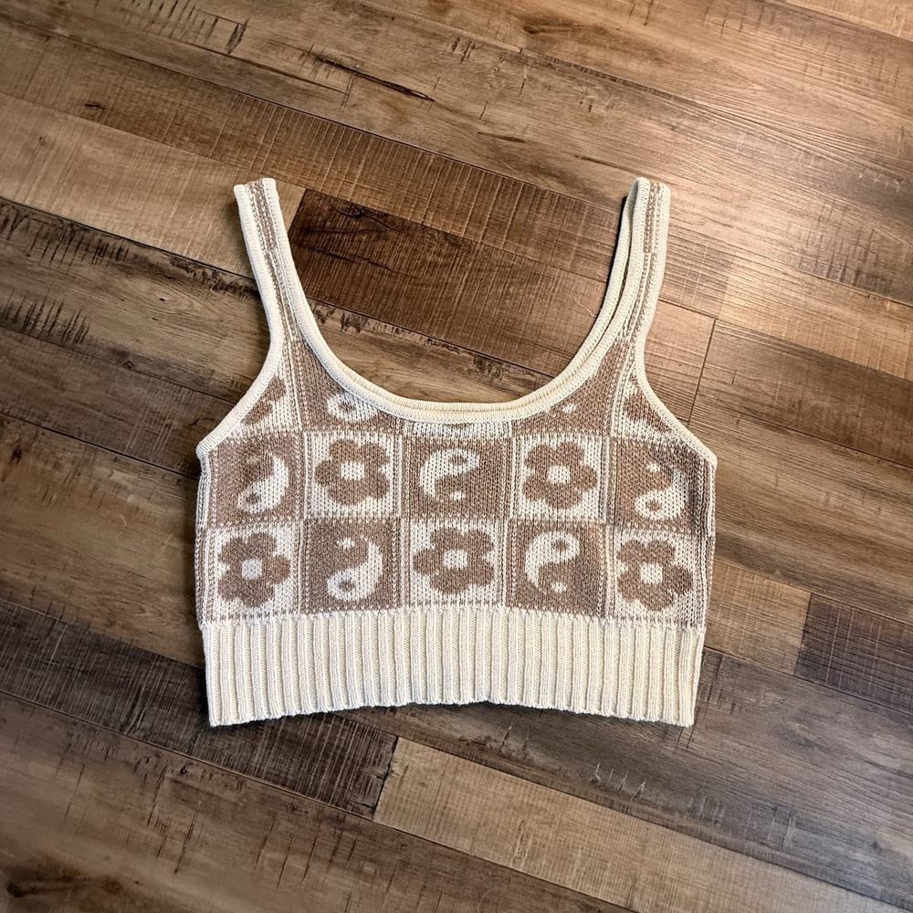 American Eagle Women's Brown White Cropped Knit Sweater Tank Top Size S Floral‎